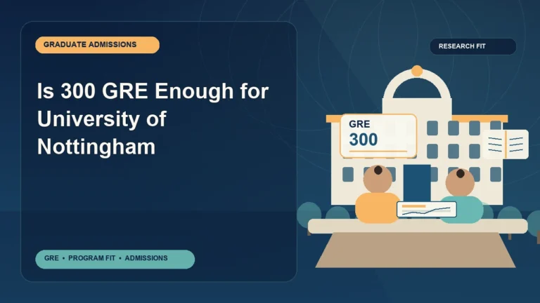 Is 300 GRE Enough for University of Nottingham — editorial illustration for GRE graduate admissions, showing a student reviewing program fit and admission requirements with an academic adviser.