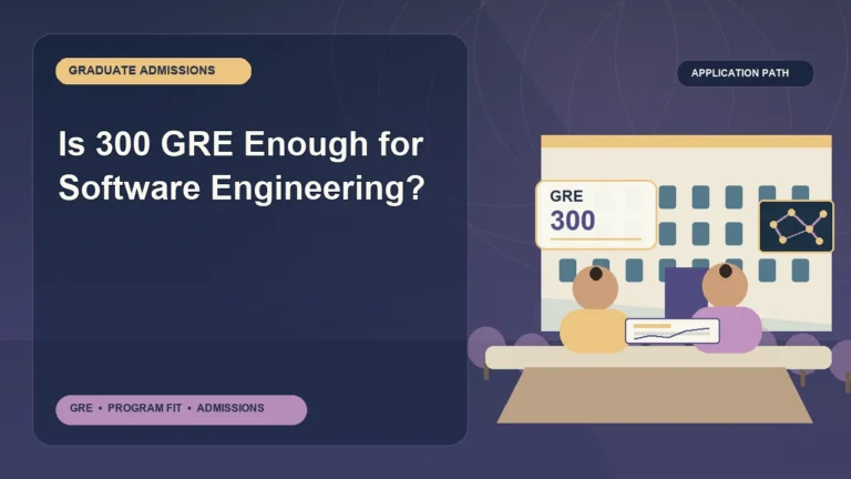 Is 300 GRE Enough for Software Engineering? — editorial illustration for GRE graduate admissions, showing a student reviewing program fit and admission requirements with an academic adviser.