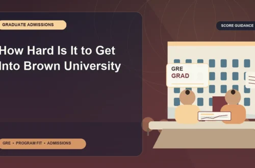 How Hard Is It to Get Into Brown University — editorial illustration for GRE graduate admissions, showing a student reviewing program fit and admission requirements with an academic adviser.