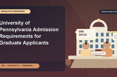 University of Pennsylvania Admission Requirements for Graduate Applicants — editorial illustration for GRE graduate admissions, showing a student reviewing program fit and admission requirements with an academic adviser.