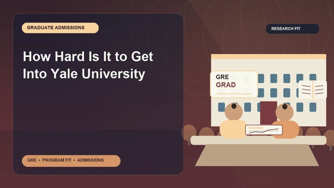 How Hard Is It to Get Into Yale University — editorial illustration for GRE graduate admissions, showing a student reviewing program fit and admission requirements with an academic adviser.