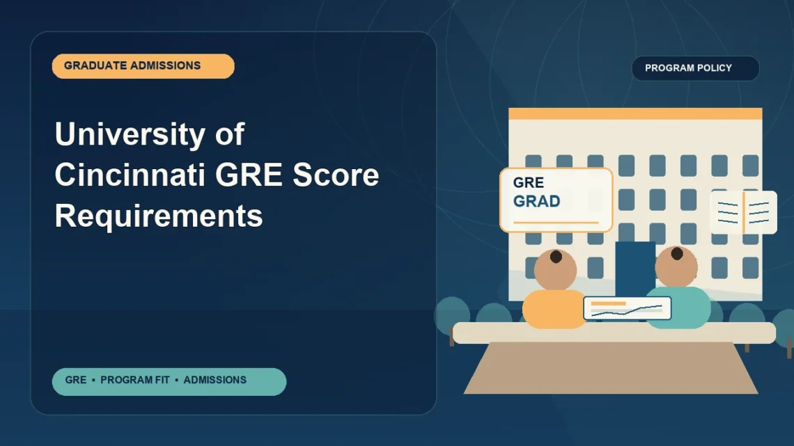 University of Cincinnati GRE Score Requirements — editorial illustration for GRE graduate admissions, showing a student reviewing program fit and admission requirements with an academic adviser.