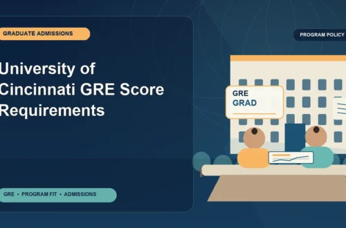 University of Cincinnati GRE Score Requirements — editorial illustration for GRE graduate admissions, showing a student reviewing program fit and admission requirements with an academic adviser.