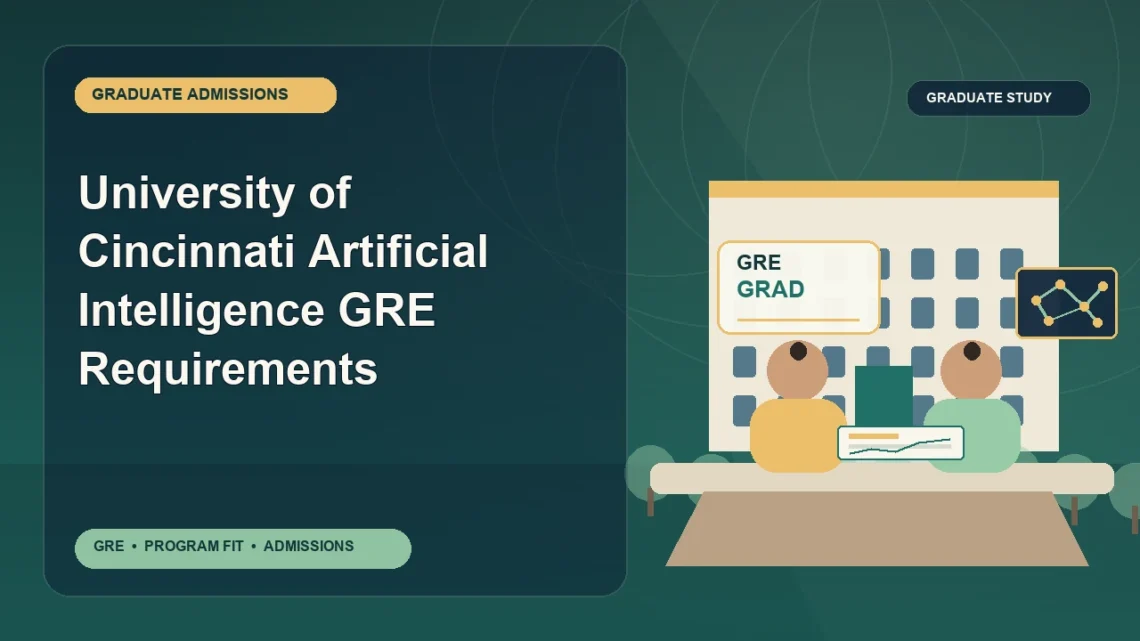 University of Cincinnati Artificial Intelligence GRE Requirements — editorial illustration for GRE graduate admissions, showing a student reviewing program fit and admission requirements with an academic adviser.