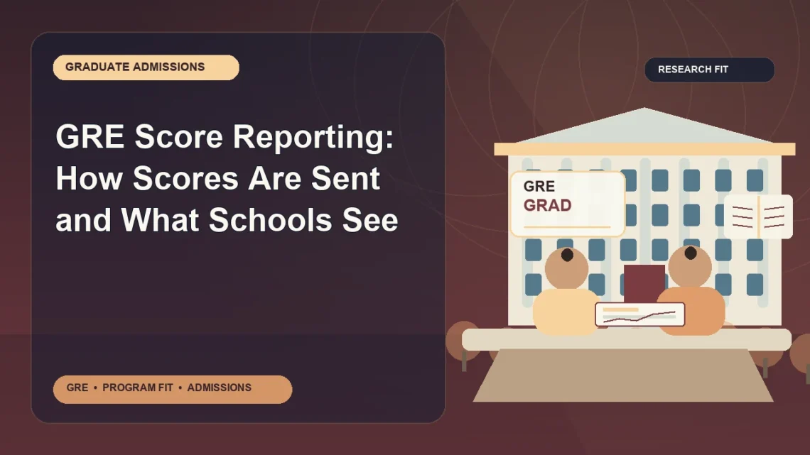 GRE Score Reporting: How Scores Are Sent and What Schools See — editorial illustration for GRE graduate admissions, showing a student reviewing program fit and admission requirements with an academic adviser.