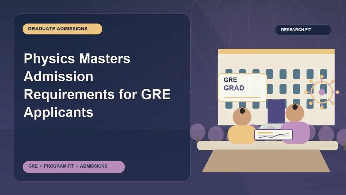 Physics Masters Admission Requirements for GRE Applicants — editorial illustration for GRE graduate admissions, showing a student reviewing program fit and admission requirements with an academic adviser.