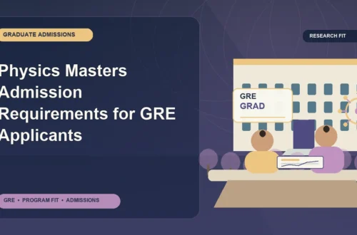 Physics Masters Admission Requirements for GRE Applicants — editorial illustration for GRE graduate admissions, showing a student reviewing program fit and admission requirements with an academic adviser.