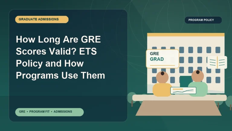 How Long Are GRE Scores Valid? ETS Policy and How Programs Use Them — editorial illustration for GRE graduate admissions, showing a student reviewing program fit and admission requirements with an academic adviser.