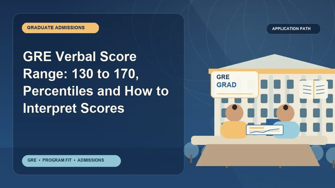 GRE Verbal Score Range: 130 to 170, Percentiles and How to Interpret Scores — editorial illustration for GRE graduate admissions, showing a student reviewing program fit and admission requirements with an academic adviser.