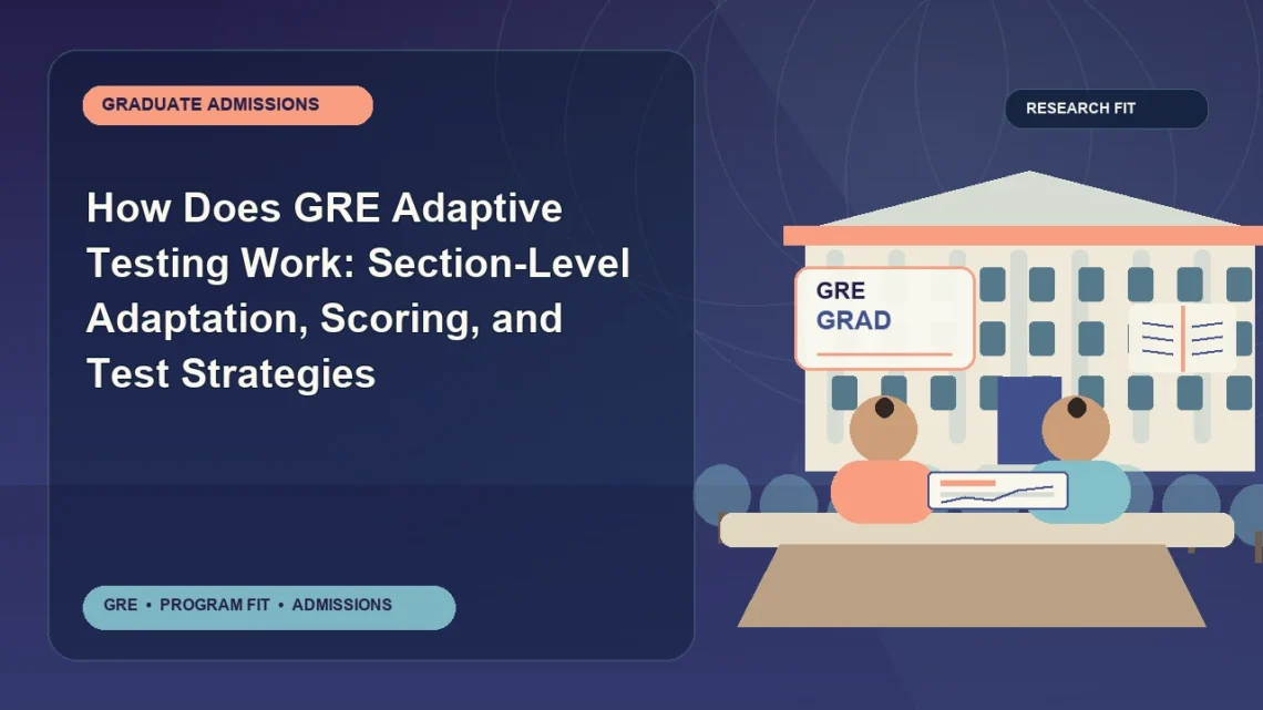 How Does GRE Adaptive Testing Work: Section-Level Adaptation, Scoring, and Test Strategies — editorial illustration for GRE graduate admissions, showing a student reviewing program fit and admission requirements with an academic adviser.
