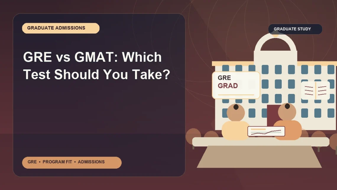 GRE vs GMAT: Which Test Should You Take? — editorial illustration for GRE graduate admissions, showing a student reviewing program fit and admission requirements with an academic adviser.