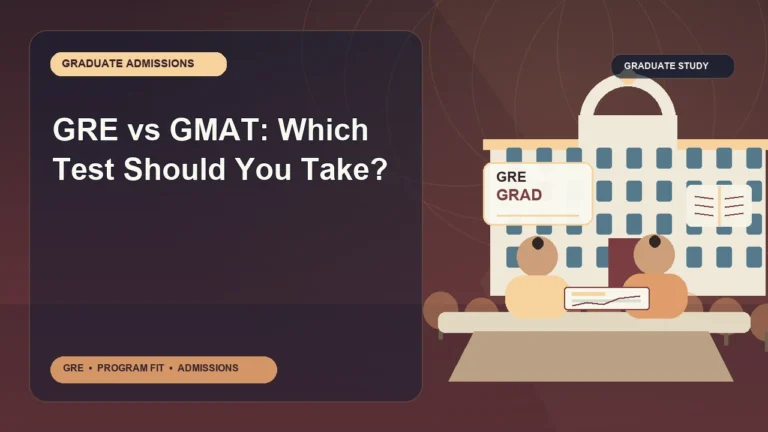 GRE vs GMAT: Which Test Should You Take? — editorial illustration for GRE graduate admissions, showing a student reviewing program fit and admission requirements with an academic adviser.