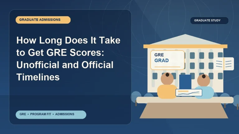 How Long Does It Take to Get GRE Scores: Unofficial and Official Timelines — editorial illustration for GRE graduate admissions, showing a student reviewing program fit and admission requirements with an academic adviser.