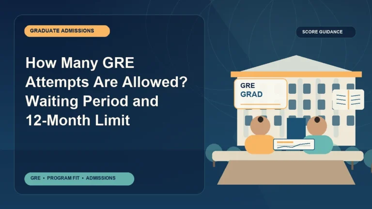 How Many GRE Attempts Are Allowed? Waiting Period and 12-Month Limit — editorial illustration for GRE graduate admissions, showing a student reviewing program fit and admission requirements with an academic adviser.