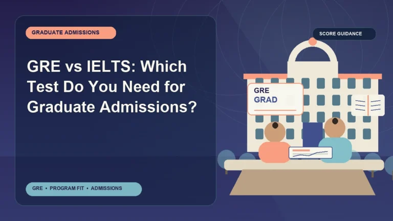 GRE vs IELTS: Which Test Do You Need for Graduate Admissions? — editorial illustration for GRE graduate admissions, showing a student reviewing program fit and admission requirements with an academic adviser.