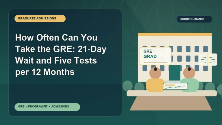 How Often Can You Take the GRE: 21-Day Wait and Five Tests per 12 Months — editorial illustration for GRE graduate admissions, showing a student reviewing program fit and admission requirements with an academic adviser.