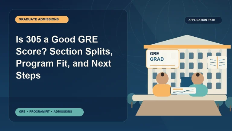 Is 305 a Good GRE Score? Section Splits, Program Fit, and Next Steps — editorial illustration for GRE graduate admissions, showing a student reviewing program fit and admission requirements with an academic adviser.