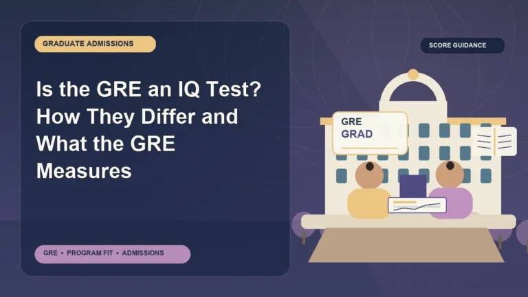 Is the GRE an IQ Test? How They Differ and What the GRE Measures — editorial illustration for GRE graduate admissions, showing a student reviewing program fit and admission requirements with an academic adviser.