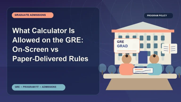 What Calculator Is Allowed on the GRE: On-Screen vs Paper-Delivered Rules — editorial illustration for GRE graduate admissions, showing a student reviewing program fit and admission requirements with an academic adviser.