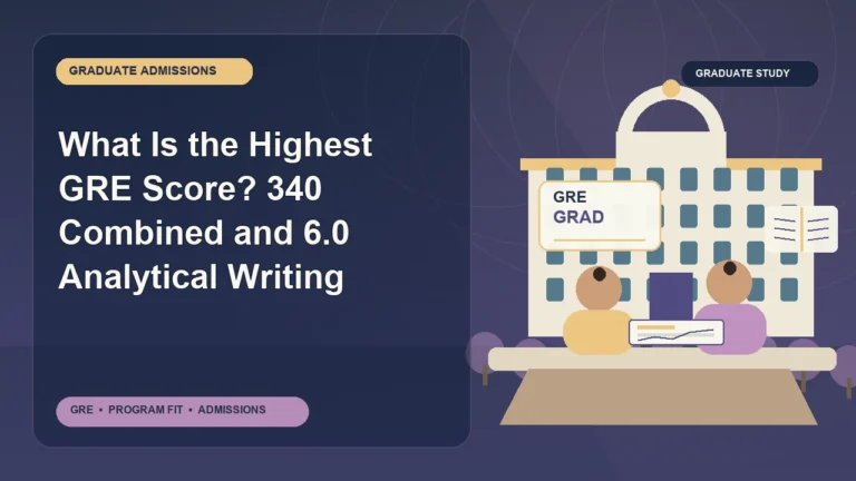 What Is the Highest GRE Score? 340 Combined and 6.0 Analytical Writing — editorial illustration for GRE graduate admissions, showing a student reviewing program fit and admission requirements with an academic adviser.