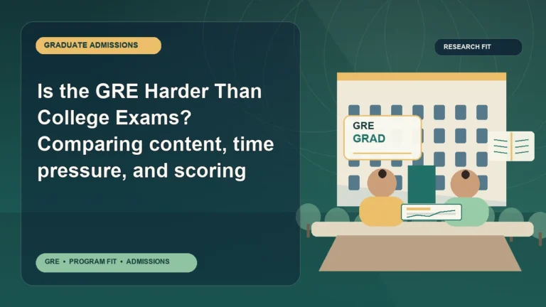 Is the GRE Harder Than College Exams? Comparing content, time pressure, and scoring — editorial illustration for GRE graduate admissions, showing a student reviewing program fit and admission requirements with an academic adviser.