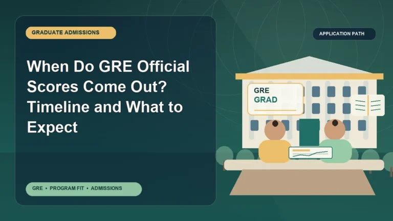 When Do GRE Official Scores Come Out? Timeline and What to Expect — editorial illustration for GRE graduate admissions, showing a student reviewing program fit and admission requirements with an academic adviser.