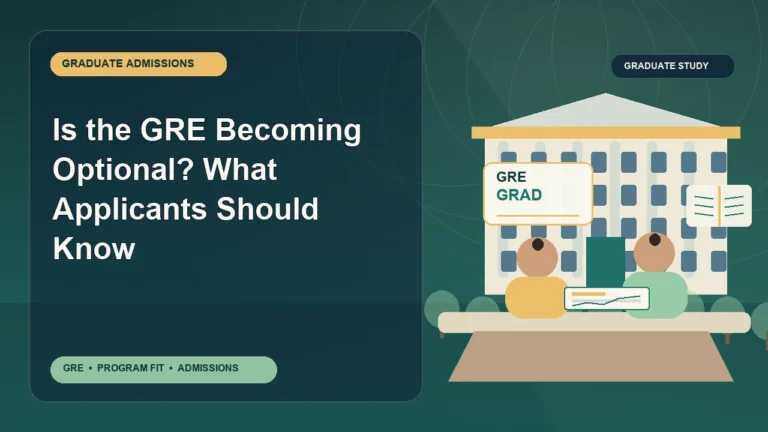 Is the GRE Becoming Optional? What Applicants Should Know — editorial illustration for GRE graduate admissions, showing a student reviewing program fit and admission requirements with an academic adviser.