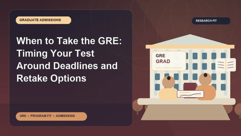 When to Take the GRE: Timing Your Test Around Deadlines and Retake Options — editorial illustration for GRE graduate admissions, showing a student reviewing program fit and admission requirements with an academic adviser.