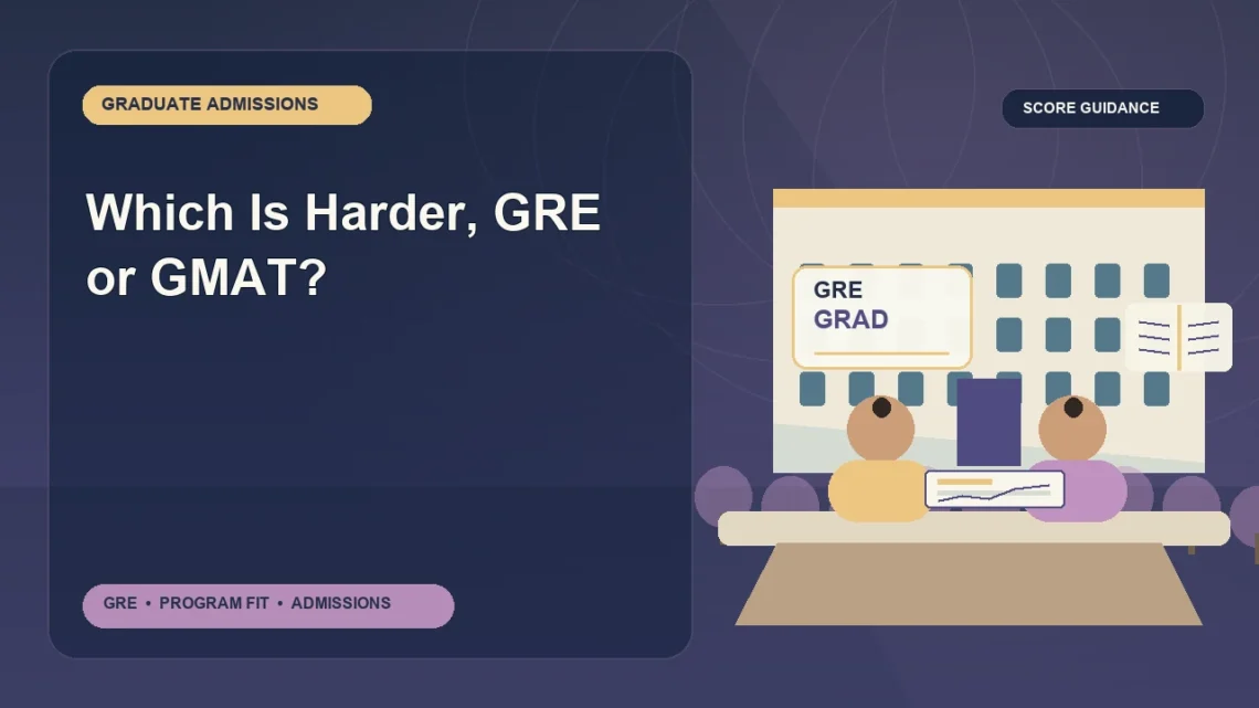 Which Is Harder, GRE or GMAT? — editorial illustration for GRE graduate admissions, showing a student reviewing program fit and admission requirements with an academic adviser.