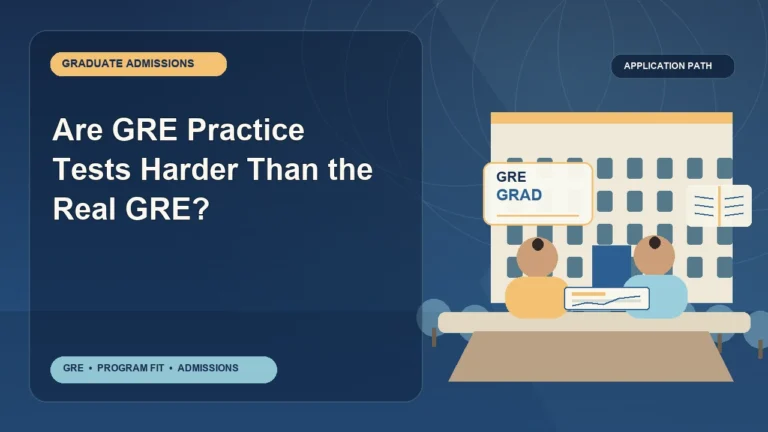 Are GRE Practice Tests Harder Than the Real GRE? — editorial illustration for GRE graduate admissions, showing a student reviewing program fit and admission requirements with an academic adviser.