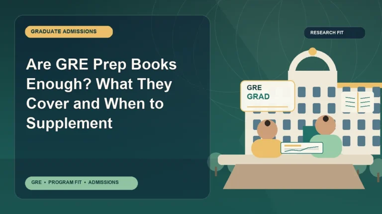 Are GRE Prep Books Enough? What They Cover and When to Supplement — editorial illustration for GRE graduate admissions, showing a student reviewing program fit and admission requirements with an academic adviser.