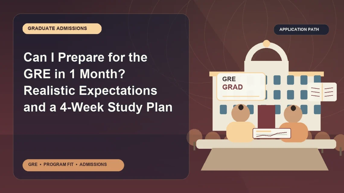 Can I Prepare for the GRE in 1 Month? Realistic Expectations and a 4-Week Study Plan — editorial illustration for GRE graduate admissions, showing a student reviewing program fit and admission requirements with an academic adviser.