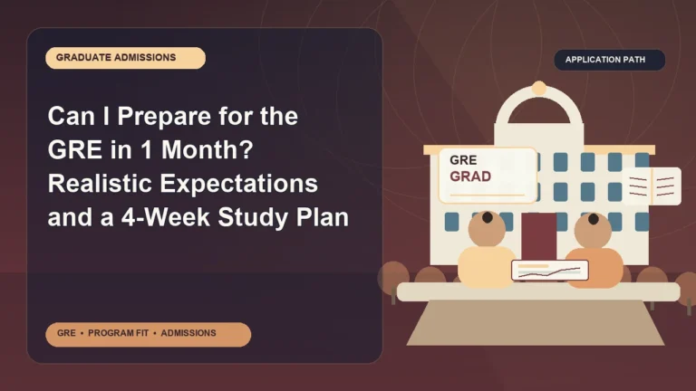 Can I Prepare for the GRE in 1 Month? Realistic Expectations and a 4-Week Study Plan — editorial illustration for GRE graduate admissions, showing a student reviewing program fit and admission requirements with an academic adviser.