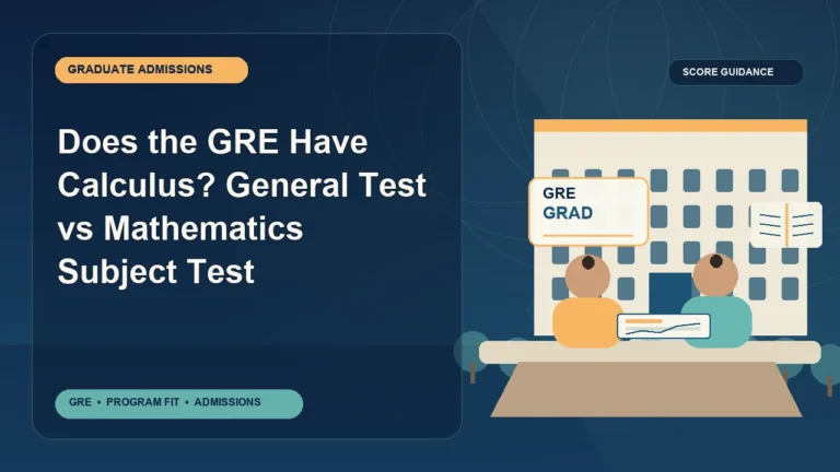 Does the GRE Have Calculus? General Test vs Mathematics Subject Test — editorial illustration for GRE graduate admissions, showing a student reviewing program fit and admission requirements with an academic adviser.