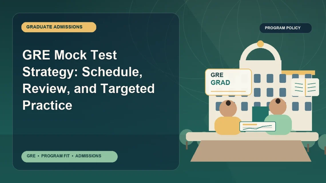 GRE Mock Test Strategy: Schedule, Review, and Targeted Practice — editorial illustration for GRE graduate admissions, showing a student reviewing program fit and admission requirements with an academic adviser.