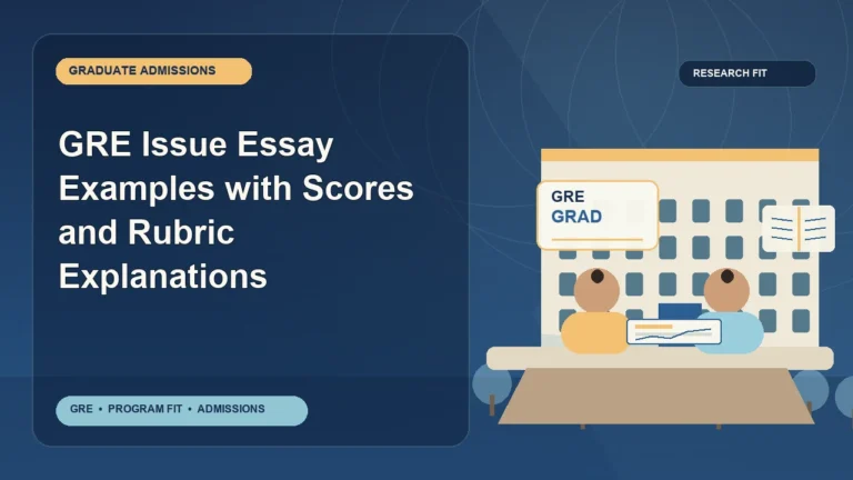 GRE Issue Essay Examples with Scores and Rubric Explanations — editorial illustration for GRE graduate admissions, showing a student reviewing program fit and admission requirements with an academic adviser.