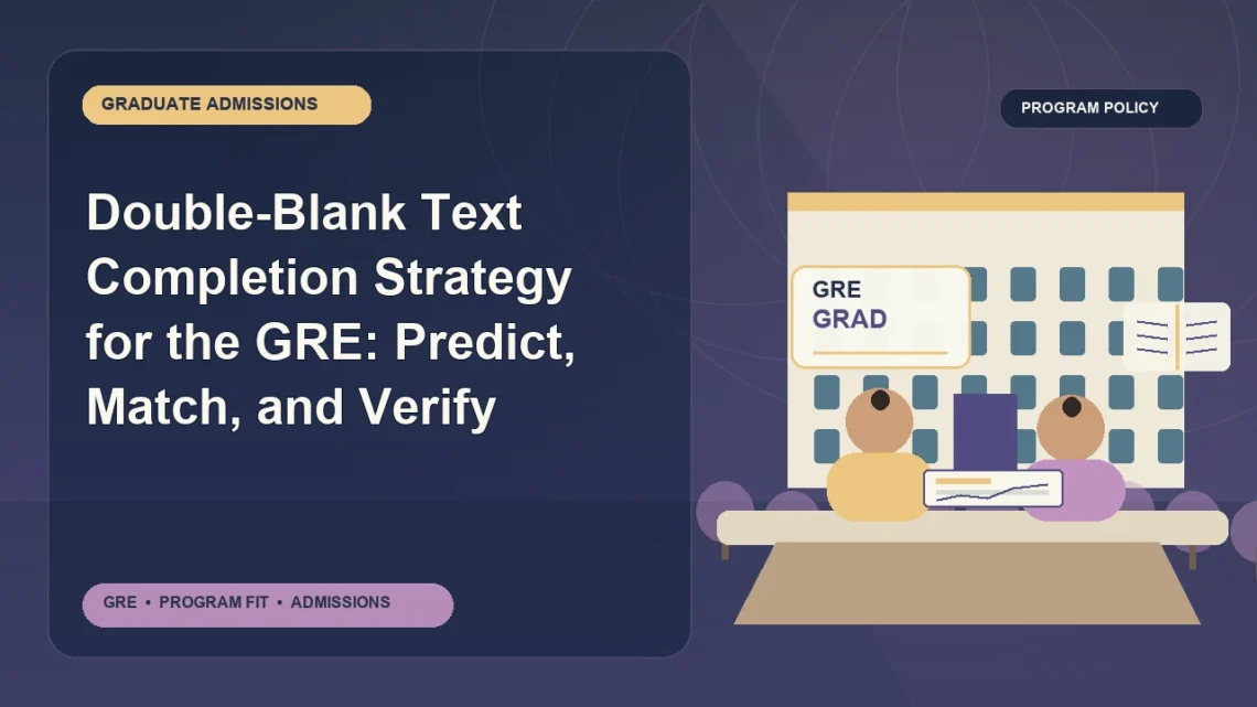 Double-Blank Text Completion Strategy for the GRE: Predict, Match, and Verify — editorial illustration for GRE graduate admissions, showing a student reviewing program fit and admission requirements with an academic adviser.