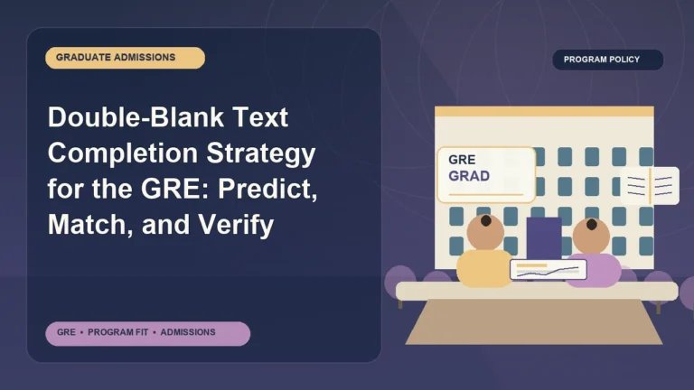 Double-Blank Text Completion Strategy for the GRE: Predict, Match, and Verify — editorial illustration for GRE graduate admissions, showing a student reviewing program fit and admission requirements with an academic adviser.