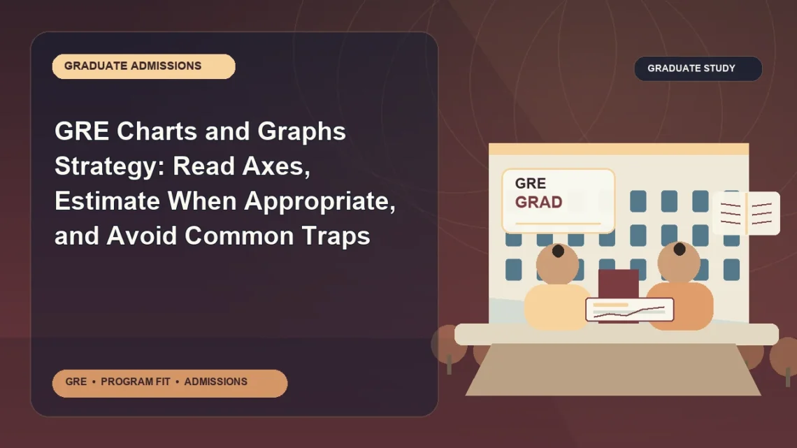 GRE Charts and Graphs Strategy: Read Axes, Estimate When Appropriate, and Avoid Common Traps — editorial illustration for GRE graduate admissions, showing a student reviewing program fit and admission requirements with an academic adviser.
