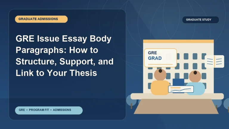 GRE Issue Essay Body Paragraphs: How to Structure, Support, and Link to Your Thesis — editorial illustration for GRE graduate admissions, showing a student reviewing program fit and admission requirements with an academic adviser.