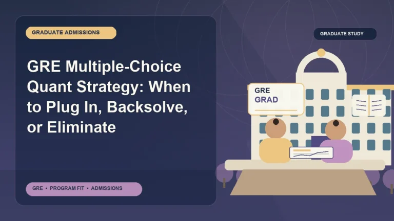 GRE Multiple-Choice Quant Strategy: When to Plug In, Backsolve, or Eliminate — editorial illustration for GRE graduate admissions, showing a student reviewing program fit and admission requirements with an academic adviser.