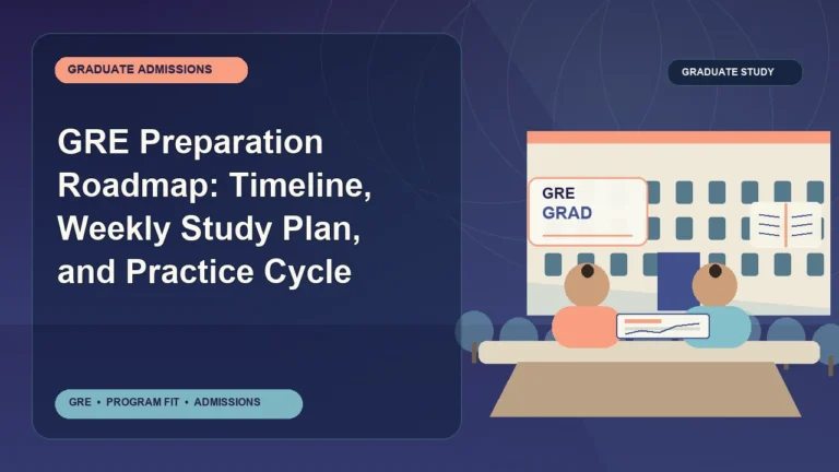 GRE Preparation Roadmap: Timeline, Weekly Study Plan, and Practice Cycle — editorial illustration for GRE graduate admissions, showing a student reviewing program fit and admission requirements with an academic adviser.