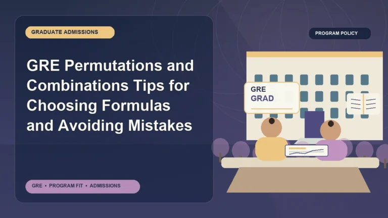 GRE Permutations and Combinations Tips for Choosing Formulas and Avoiding Mistakes — editorial illustration for GRE graduate admissions, showing a student reviewing program fit and admission requirements with an academic adviser.