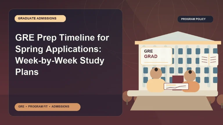GRE Prep Timeline for Spring Applications: Week-by-Week Study Plans — editorial illustration for GRE graduate admissions, showing a student reviewing program fit and admission requirements with an academic adviser.