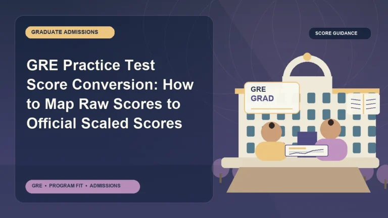 GRE Practice Test Score Conversion: How to Map Raw Scores to Official Scaled Scores — editorial illustration for GRE graduate admissions, showing a student reviewing program fit and admission requirements with an academic adviser.