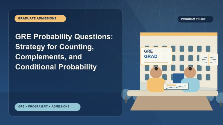 GRE Probability Questions: Strategy for Counting, Complements, and Conditional Probability — editorial illustration for GRE graduate admissions, showing a student reviewing program fit and admission requirements with an academic adviser.
