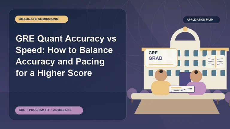 GRE Quant Accuracy vs Speed: How to Balance Accuracy and Pacing for a Higher Score — editorial illustration for GRE graduate admissions, showing a student reviewing program fit and admission requirements with an academic adviser.