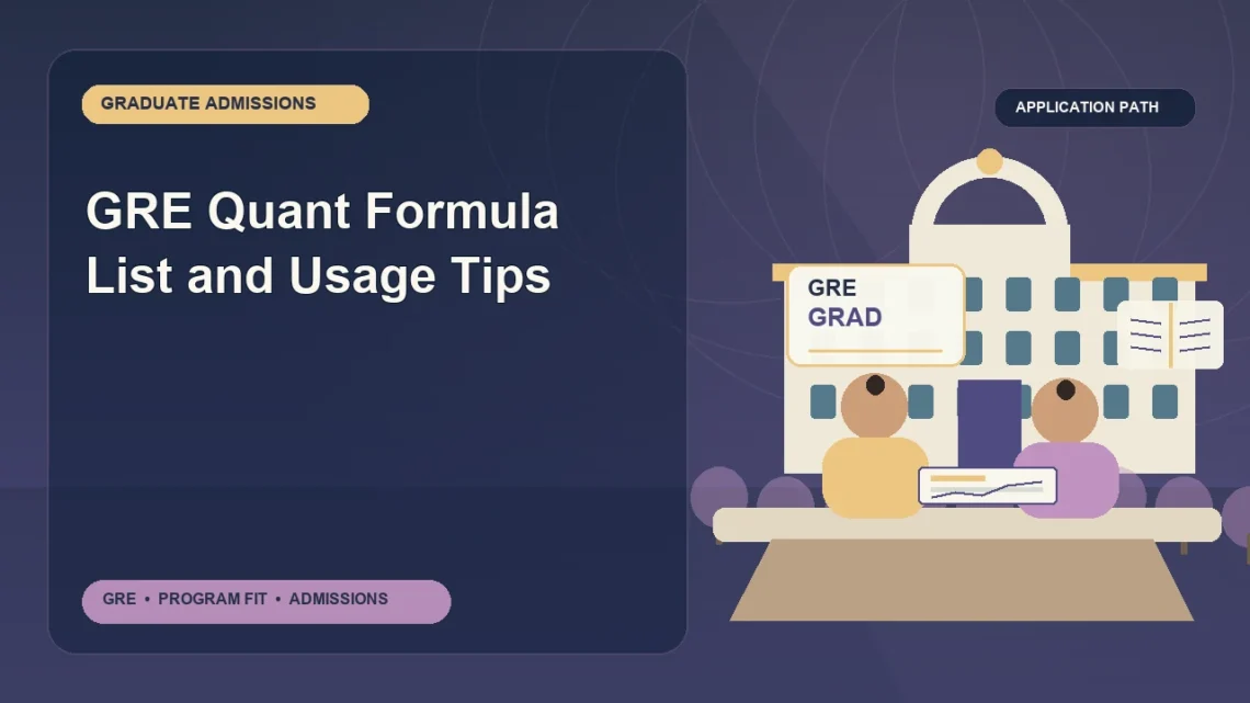 GRE Quant Formula List and Usage Tips — editorial illustration for GRE graduate admissions, showing a student reviewing program fit and admission requirements with an academic adviser.