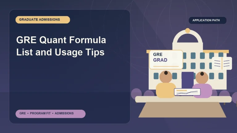 GRE Quant Formula List and Usage Tips — editorial illustration for GRE graduate admissions, showing a student reviewing program fit and admission requirements with an academic adviser.