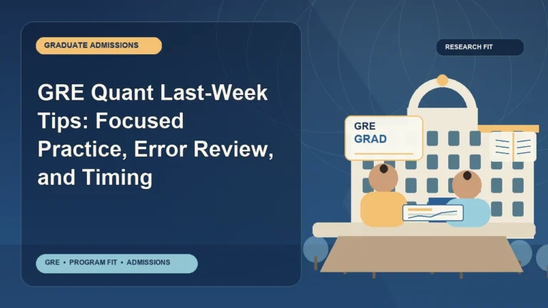 GRE Quant Last-Week Tips: Focused Practice, Error Review, and Timing — editorial illustration for GRE graduate admissions, showing a student reviewing program fit and admission requirements with an academic adviser.